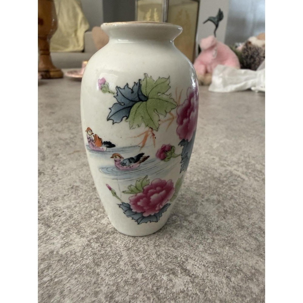 Floral Mini Vase 4" Ducks Birds Flowers White Porcelain Gold Trim Vintage